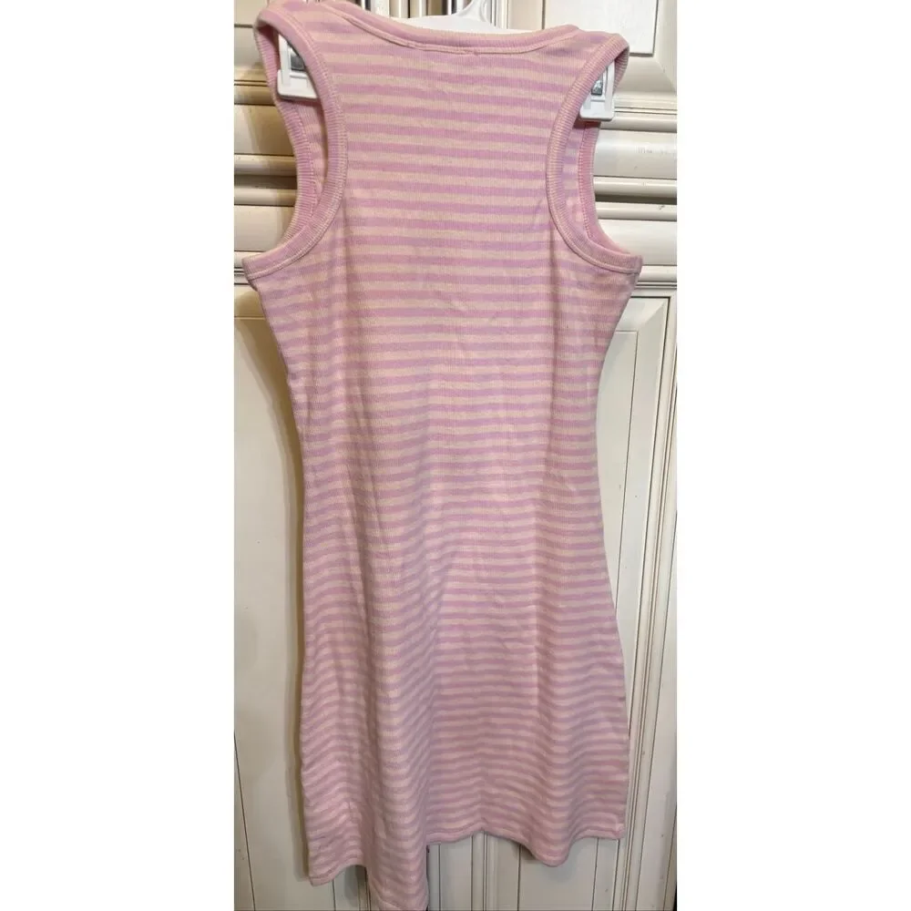 Nordrstrom Girls Striped Ribbed Stretch Sleeveless Tank Dress Pink Tan Sz 10/12